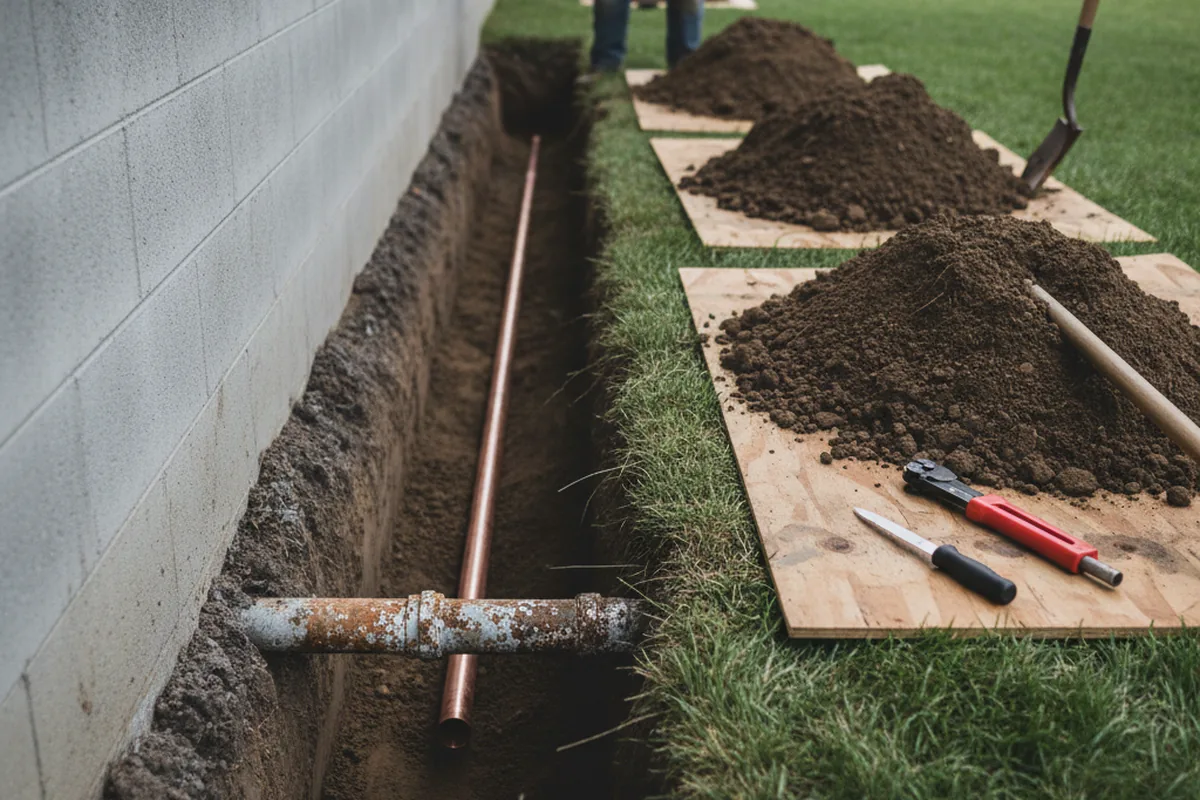 Excavated water line trench during Water Softener Installation in Phelan